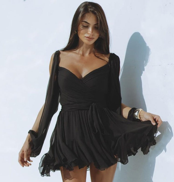 Hollow lantern sleeve V-neck off shoulder sexy dress