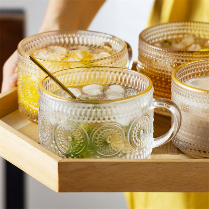 Sun Flower Embossed Glass Milk Cups