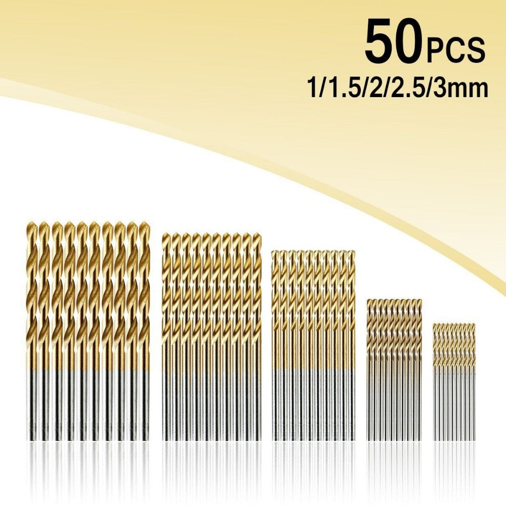 50Pcs Titanium Coated Drill Bits HSS High Speed Steel